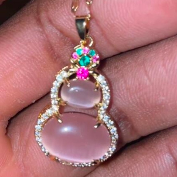 Gold Plated Pink, Red, And Colorful Cat's Eye Stone Gourd Chain Necklace - Picture 7 of 9